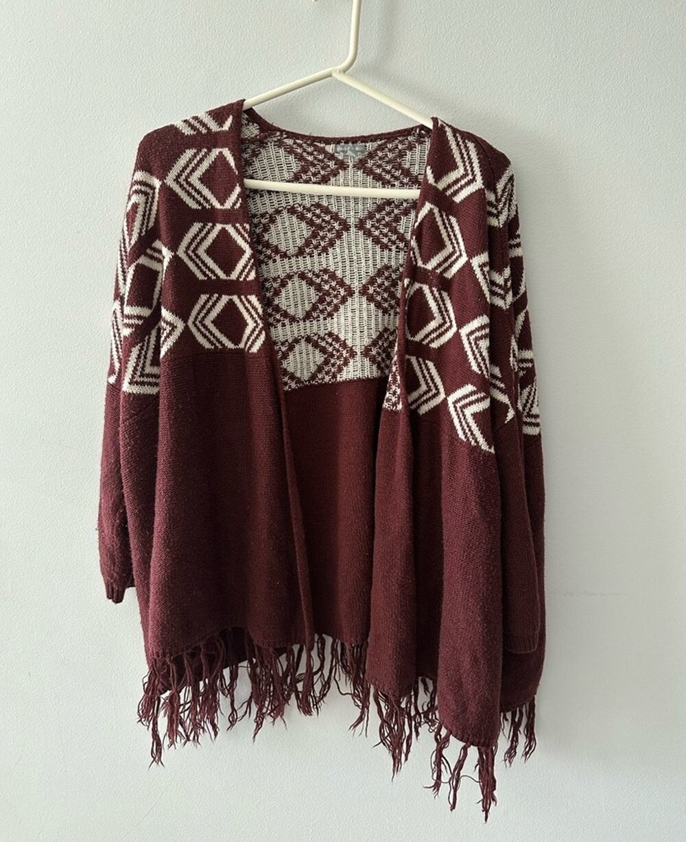 Charlotte Russe Sweater Women's S/M Maroon Cardigan Aztec Southwestern Fringe